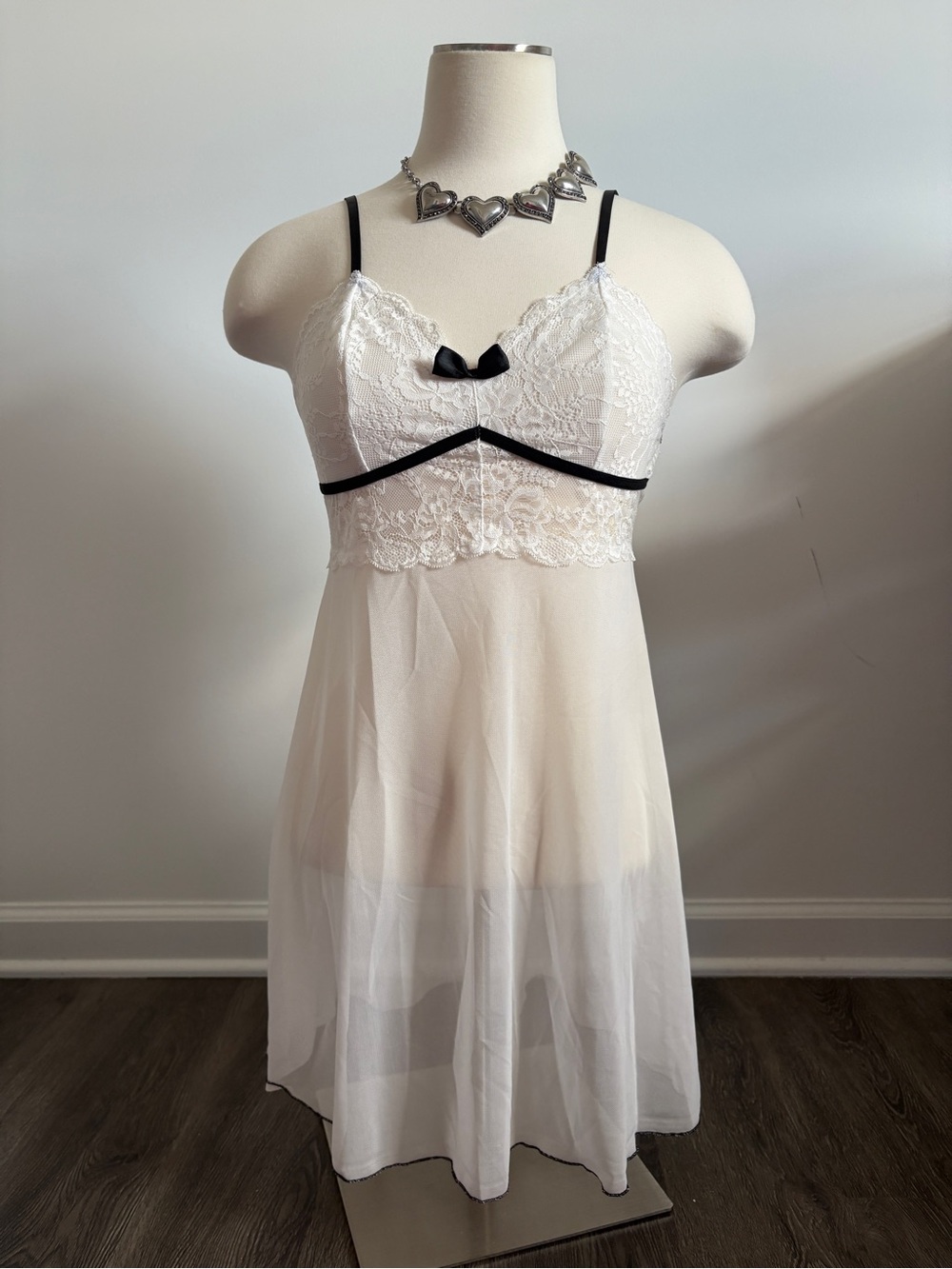 White Lace Sheer Babydoll Dress with Black Trim & Bow | Y2K